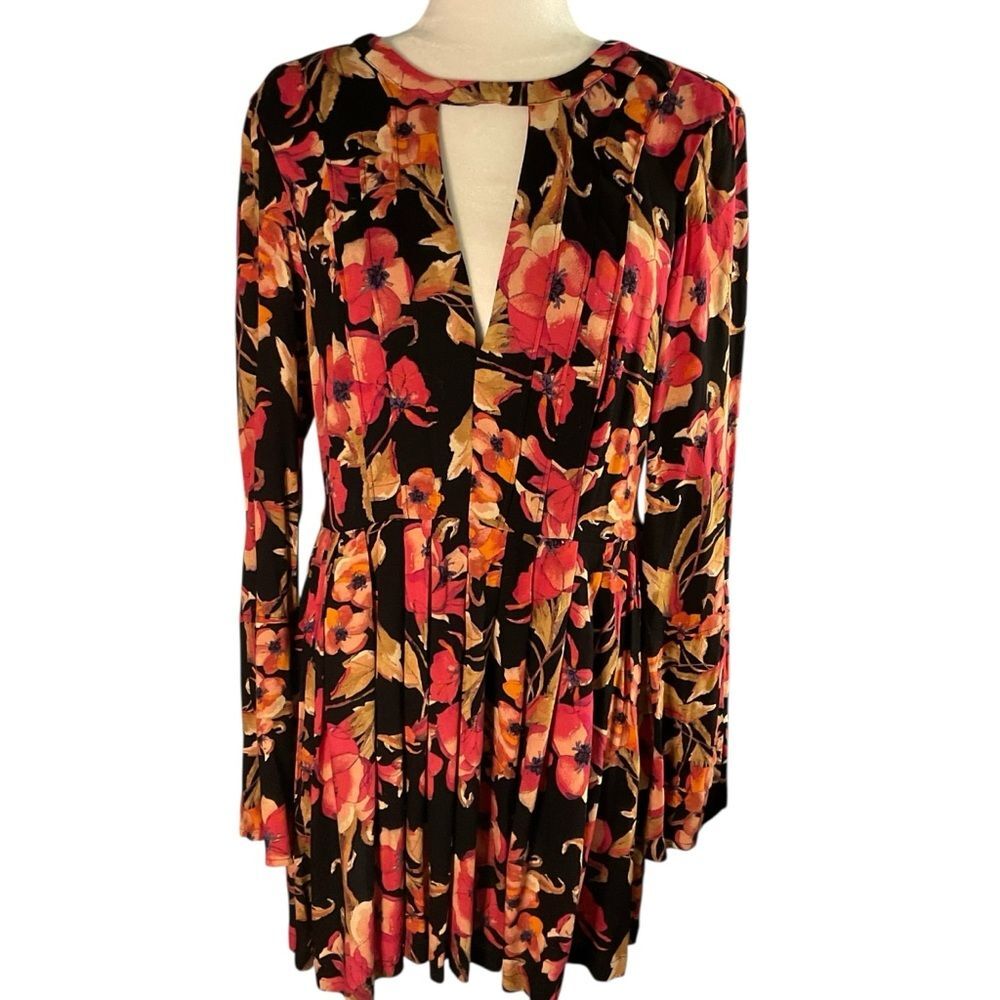 NWT Free People Tegan Black Pink Floral Cut-Out Fit and Flare Mini Dress Size 12
